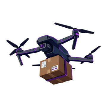 Modern delivery drone carrying a cardboard package on white background, smart logistics concept.
