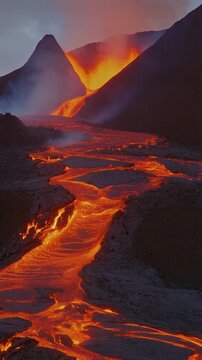 Volcanic Eruption and Lava Flow at Night Generative AI