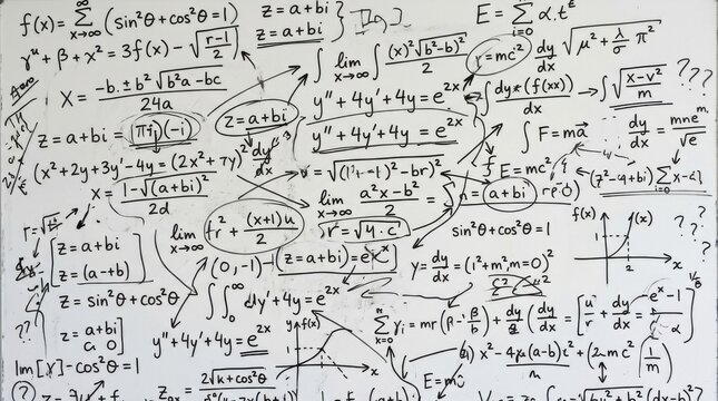 Dense mathematical formulas and equations on white background