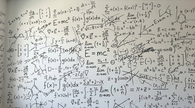 Complex mathematics and physics equations covering a board