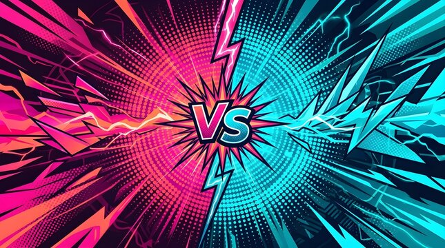 Comic book style versus banner background with pink and blue energy clash vs sign lightning bolts