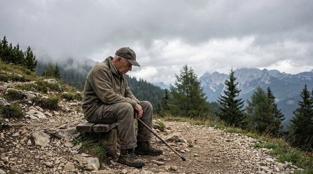 Overcast mountain landscape view suggesting rugged adventure, dramatic natural scenery, hiking path through rocky terrain, inspiring journey moments, epic scale backdrop