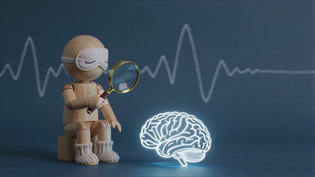 Wooden figure examines glowing brain with magnifying glass, analyzing neural activity waves.