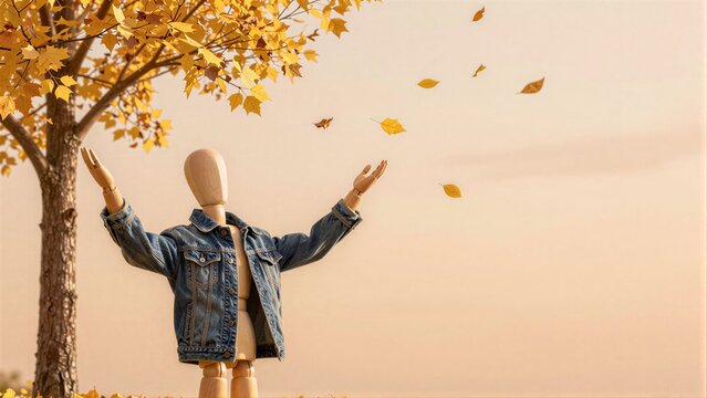 Autumn leaves dance in air as wooden figure stands beneath tree, arms outstretched.