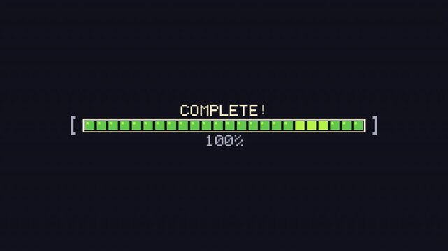 Retro pixel art game loading bar animation with segmented progress blocks, percentage counter and arcade UI style. Ideal for games, loading screens, gaming interfaces and digital projects.