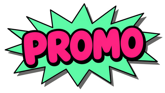 Colorful comic book style promo text in pink bubble letters inside a green starburst.