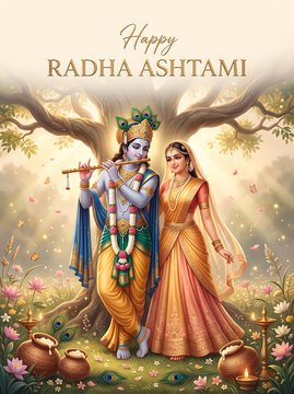 Divine couple standing under ancient tree celebrating traditional indian festival of radha ashtami greeting card with surrounded lotus flowers
