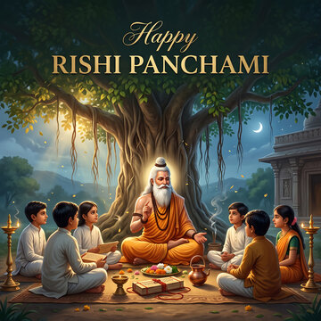 Elderly sage teaching traditional wisdom to attentive children under a large ancient banyan tree setting with traditional lessons group beard sitting meditation