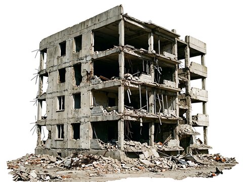 A derelict concrete apartment building in a state of severe disrepair and destruction, surrounded by rubble. The building has multiple floors, with broken windows, collapsed walls, and exposed rebar.
