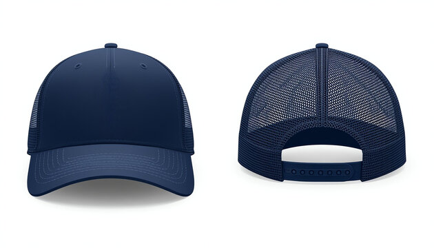 Trucker white cap realistic mockup front and side vector illustration isolated. 