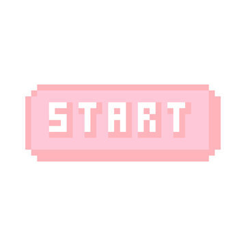 Retro Pixel Art Start Button in Pastel Pink and White Isolated on White Background