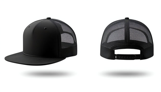 Trucker white cap realistic mockup front and side vector illustration isolated. 