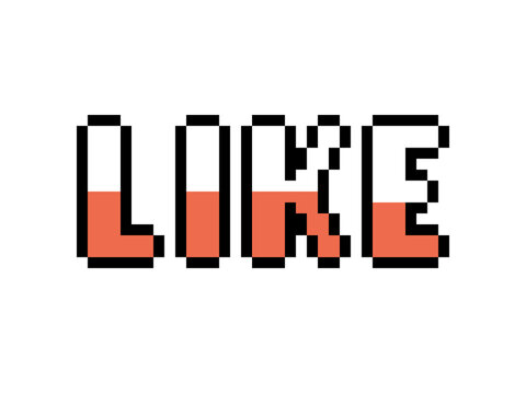 Pixel Art Word LIKE in Retro 8 Bit Style with Coral and White Fill Isolated on White Background