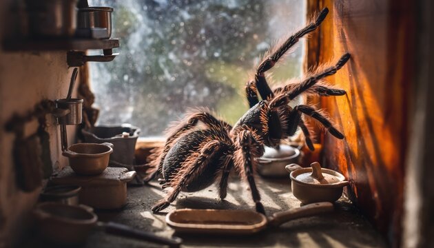 Giant Tarantula Spider on a Kitchen Countertop.