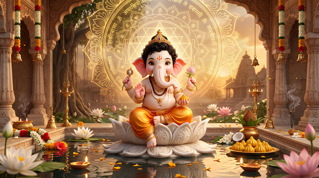 Divine baby elephant deity sitting on lotus throne surrounded by sacred glowing gold mandala patterns with sitting gracefully white flower floating tranquil