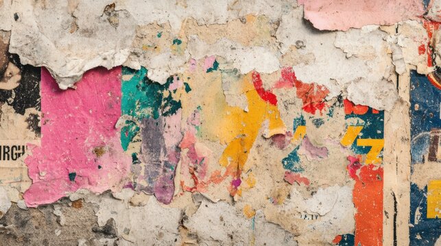 Gentle remnants of old poster adorn wall. Subtle traces of aged posters decorate plaster surface elegantly. Delicate pieces of historic posters softly cling to wall with muted shades