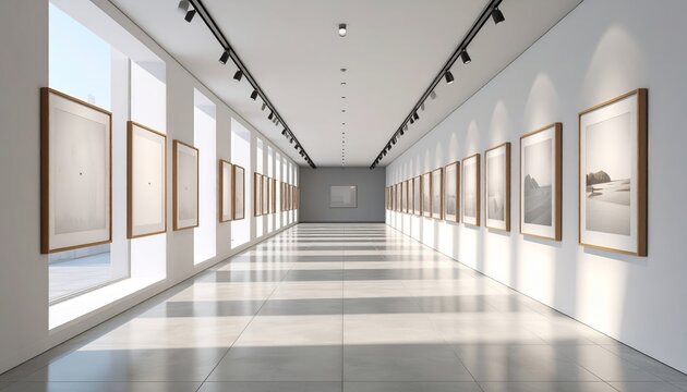 Art gallery hallway with framed artwork and bright natural light.