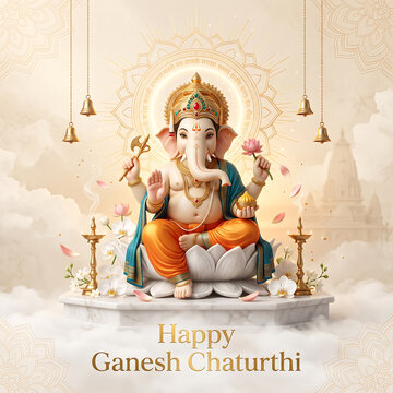 Divine elephant deity seated upon lotus throne celebrating traditional hindu festival spiritual celebration art with flower surrounded glowing