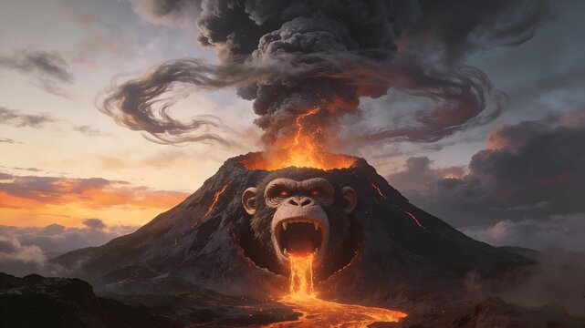 Surreal Giant Ape Head Volcano Erupting with Lava and Smoke at Sunset