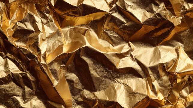 Gleaming gold foil pattern denoting wealth and affluence suitable for luxury visuals. Wrinkled gold foil texture illustrating opulence with shimmering highlights ideal for upscale financial themes
