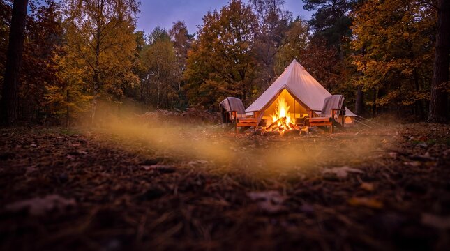 Cozy glamping bell tent with campfire in autumn forest at dusk with blurred foreground copy space