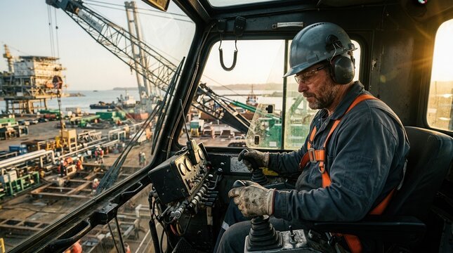 Crane operator in cab overseeing industrial offshore platform construction at sunset