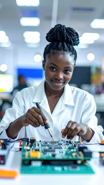Portrait of a Young African American Female Engineer Soldering a Circuit Board in a High-Tech Laboratory with Copy Space