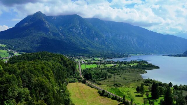 Wide valley and water landscape, soft aerial view