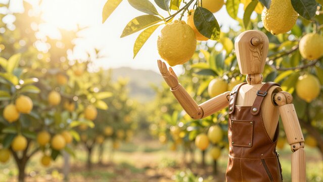Wooden figure in overalls reaches for a lemon amidst sunlit orchard rows.