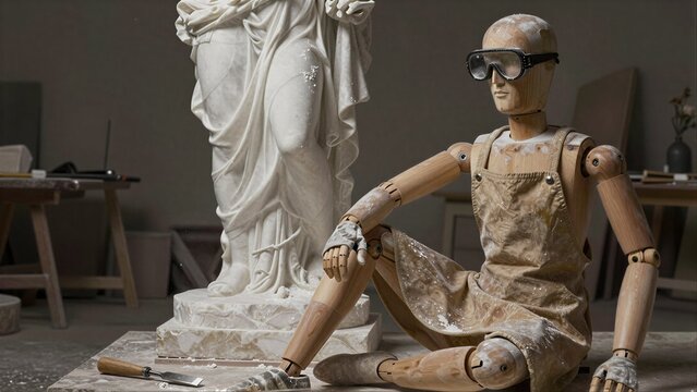 Wooden artist mannequin sits beside marble statue in dusty workshop.