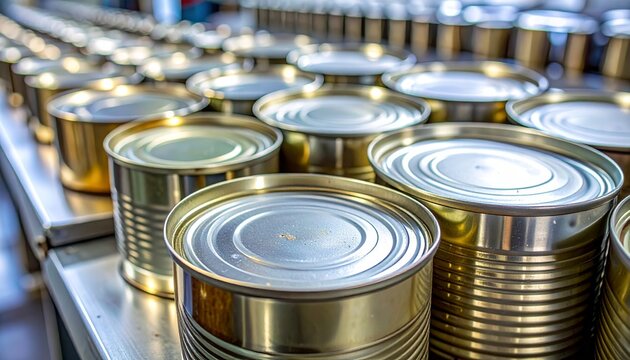 Close-up of canned goods on a production line, ready for distribution.