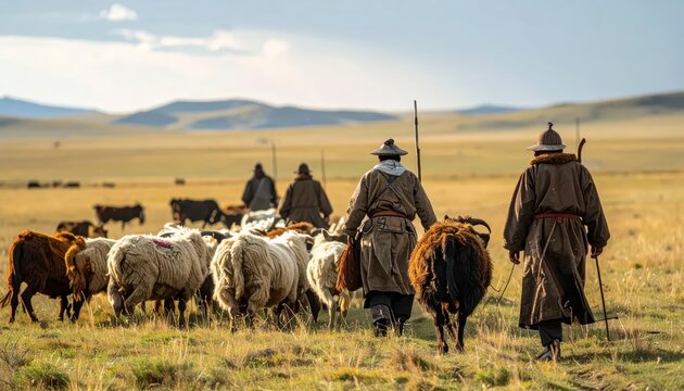 Mongolian nomadic shepherds in traditional clothing herding a sheep flock across the vast golden steppe mountains under a sunset sky with copy space.