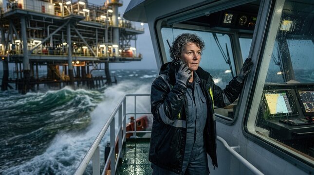 Determined female captain on boat communicating via radio with offshore oil rig in stormy seas