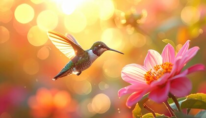 Naklejka premium Vibrant Hummingbird Hovering Near a Pink Flower in Golden Sunset Light with Copy Space
