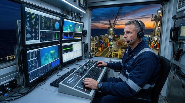 Offshore ROV Pilot Controlling Submersible from Ship's Bridge with Multiple Monitors Showing Ocean Floor and Data