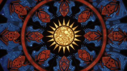 Obraz premium Red frogs orbit a radiant sun in intricate blue and gold mandala design.