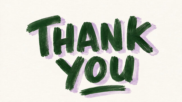 Green hand-lettered "Thank You" text with a soft purple shadow on cream background.