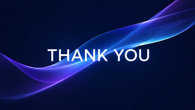 White thank you text written over a dark blue background with a glowing abstract wave.
