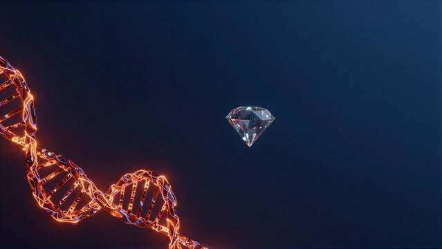 Glowing DNA helix floats beside a sparkling diamond against deep blue background.