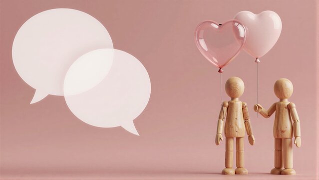 Two wooden figures hold a heart balloon, symbolizing love and communication.