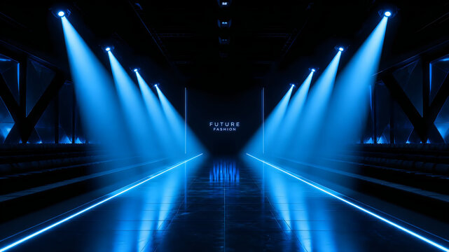 Futuristic fashion show runway stage with vibrant blue volumetric spotlights and dark floor