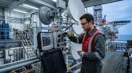 Fototapeta premium Offshore Technician Inspects Communication Equipment on Oil Rig with Satellite Dishes and Monitoring Device