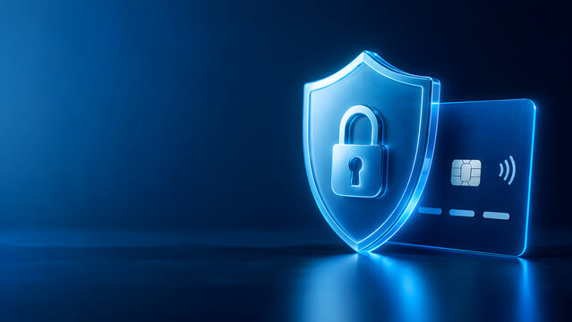 Glowing Blue Cyber Security Shield and Padlock Protecting Digital Credit Card Payment