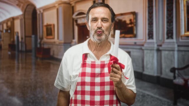 Man in red check apron holding diploma scroll in hand and puckering lips inside museum building; pride achievement.
