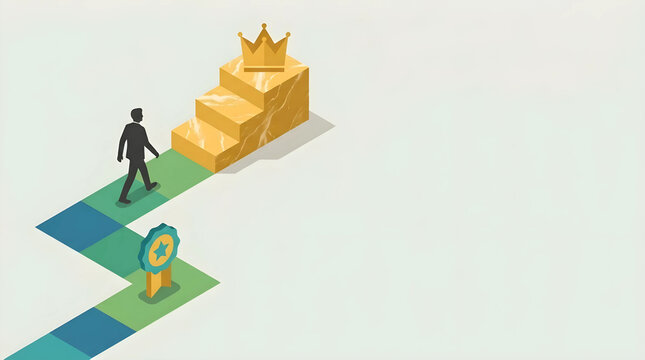 Royal Gold Marble Stairs with 3 steps steps, Walking Businessman Silhouette, Crown Goal, Strategic Roadmap Flat Vector, Text Space on Top Left
