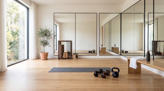 Modern minimalist yoga studio interior with wooden floors mirrors and fitness equipment for home workout sessions