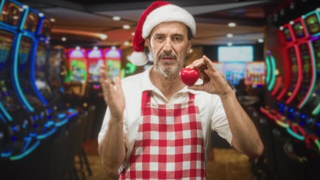 Man in santa hat and red checkered apron holds a red heart with right hand and raises left palm in a casino; festive charity warmth.