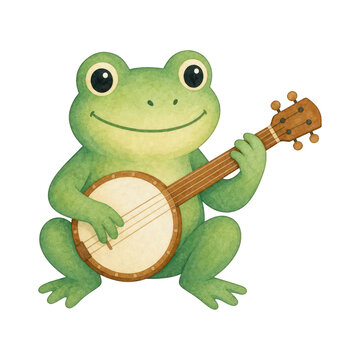 PNG Cute frog playing banjo illustration with a smile.
