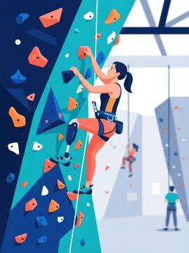 A climber using a prosthetic leg attempts to reach the top of a rock wall during an inclusive athletics event for disabled athletes.
