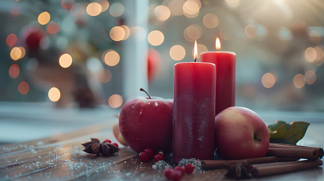 Bright glowing red candles with apples and cinnamon still life for winter home aromatherapy ad and Thanksgiving greeting card design